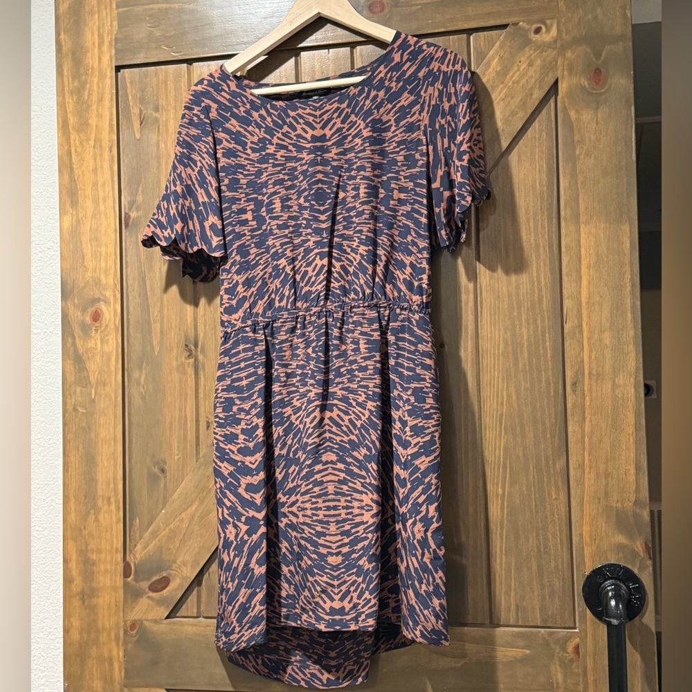 100% Silk Brown and Blue Abstract Madewell Cut Out Back Dress